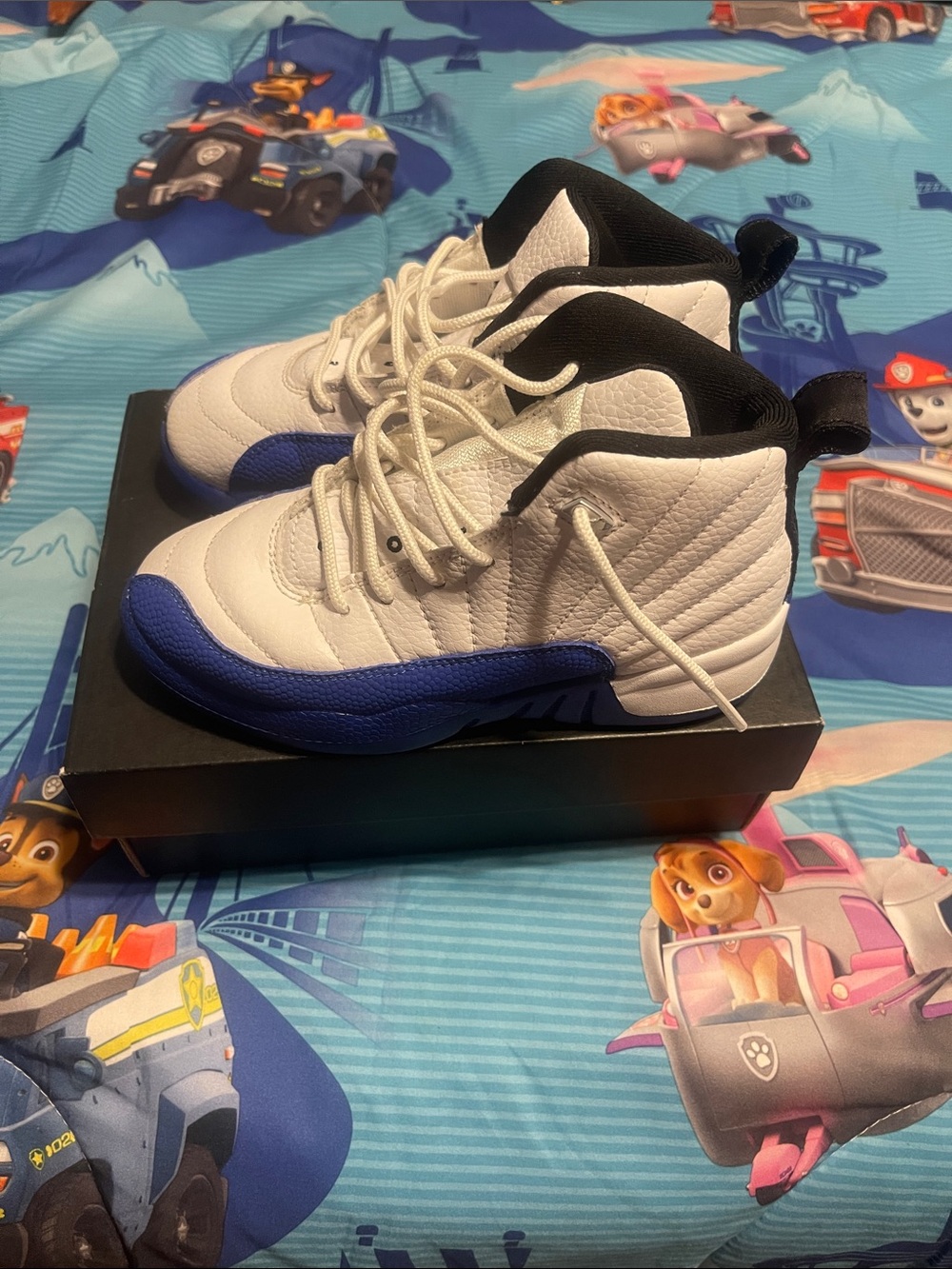 Jordan 12 Retro White and Royal Blue Kids High-Top Sneakers